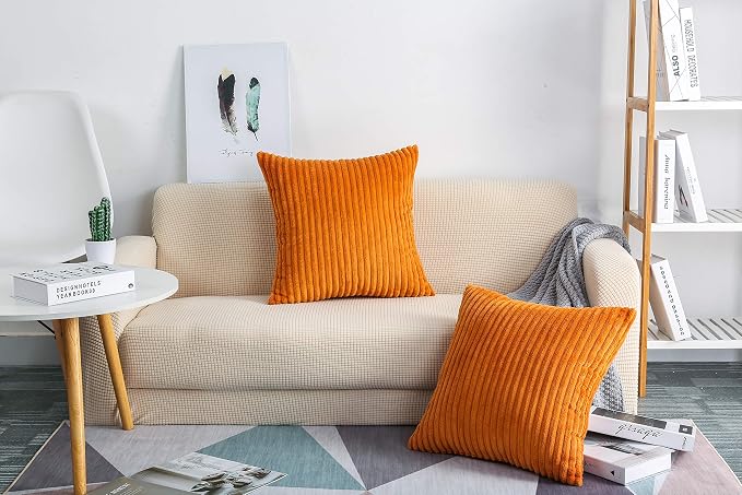 TangDepot Velvet Big Corduroy Pillow Covers 28x28 Deep Orange 2-Pack | Soft wide-stripe corduroy pillow cover, hidden zipper, machine washable, easy refresh, for bedroom living room indoor outdoor