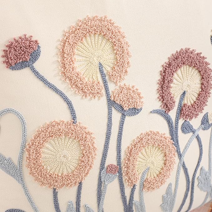Embroidery Throw Pillow Covers 18x18 Set of 2 Vintage Blowball with Blue Leaves Farmhouse Pillow Cushion Case Decorative Pillowcases Square Rustic Floral Pillow Case Spring Summer Home Decor
