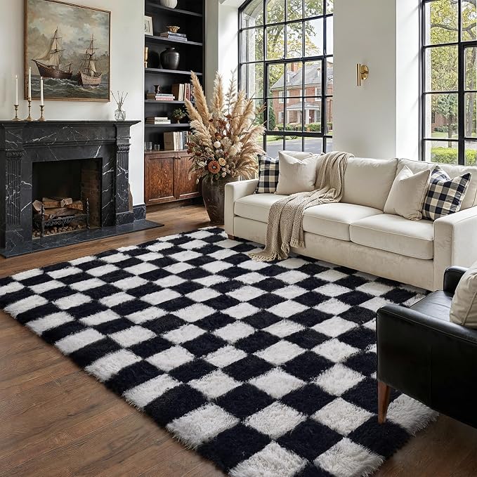 PureCozy Checkered Rug 5x7 for Living Room, Black and White Modern Shag Rugs Super Soft Washable Indoor Office Fuzzy Carpet Non-Slip Fluffy Rugs for Bedroom Home Aesthetic Decor