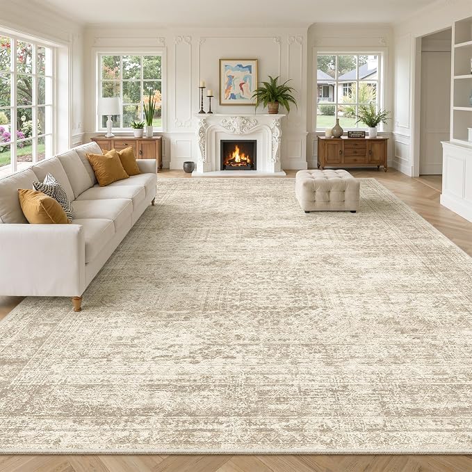 Soalmost 10x14 Area Rugs for Living Room, Non Slip Machine Washable Vintage Rugs, Low Pile Lightweight Large Rug for Bedroom, Dining Room, Home Office Beige