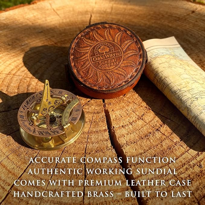 OakiWay Brass Sundial Compass in Leather Case - Nautical Gifts for Men, Antique Sailing Anniversary Gadget for Him, Unusual Unique Nautical Decor, Naval Maritime Pocket Watch Clock (2.7" Inch)
