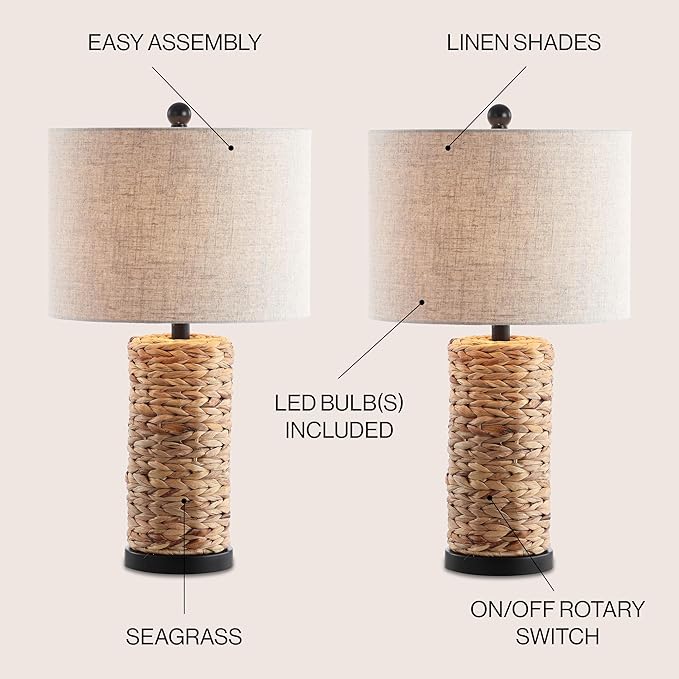 JONATHAN Y 25" Natural Coastal Water Hyacinth Table Lamp Set of 2, Bedside Lamp with Light Grey Linen Shade, Boho Farmhouse Decor for Living Room Nightstand, LED Bulbs JYL6502A-SET2