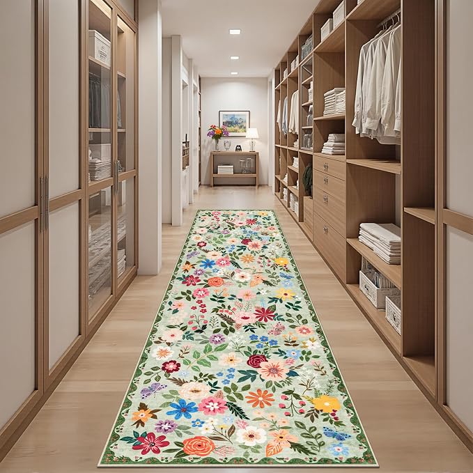Runner Rug for Entryway: 2.6x10 Kitchen Rugs Non Slip Washable Ultra-Thin Soft Floral Carpet Indoor Floor Stain Resistant Carpets for Hallway Bedroom Kitchen Laundry Bathroom Dorm Green
