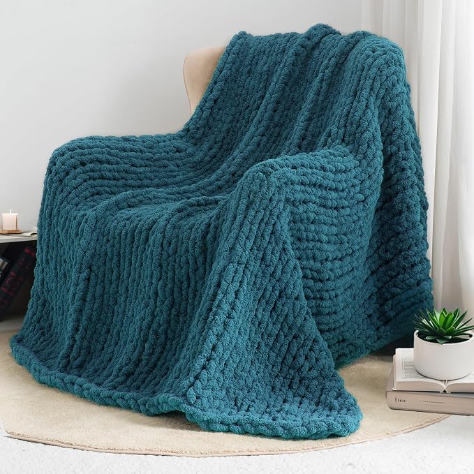 Chunky Knit Throw Blanket 60x80, 100% Handmade Chenille Yarn | 6.7lbs Soft Thick Cable Knitted Blankets, Large Rope Knot Crochet Throws for Couch Sofa Bed Machine Washable, Lyons Blue