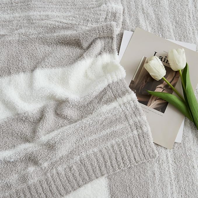 WRENSONGE Soft Throw Blanket for Couch-Cozy Reversible Knitted Blankets | Lightweight Warm Fluffy Decor for Women, Mom, Her & Girls, Sofa, Chair, Bed, 50x70in,Taupe Stripe