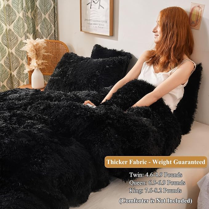 XeGe Plush Shaggy Duvet Cover Set, Luxury Ultra Soft Crystal Fluffy Bedding Sets 3 Pieces(1 Furry Faux Fur Comforter Cover + 2 Fuzzy Faux Fur Pillow Cases), Zipper Closure(Queen, Black)
