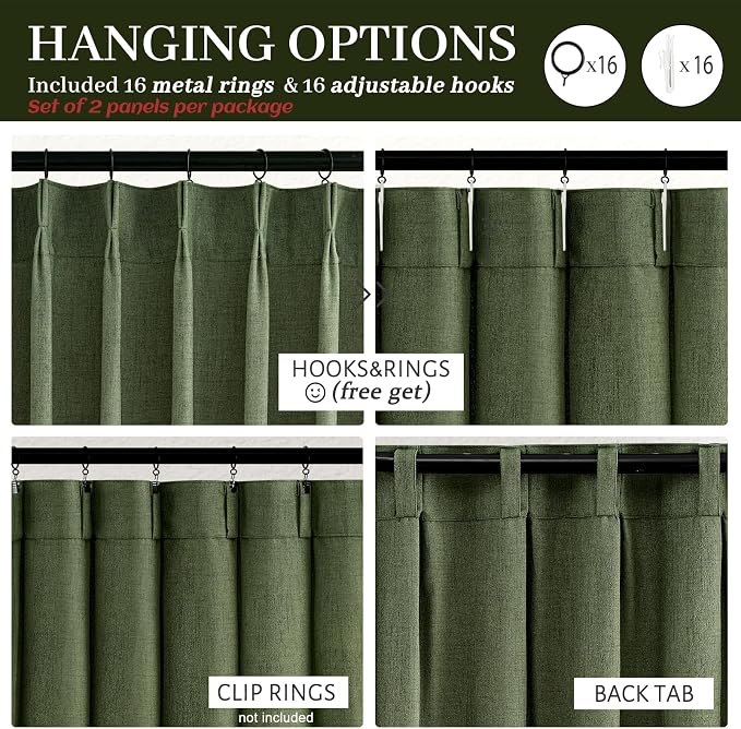 Loden Pinch Pleated Floor to Ceiling Long Curtains 120 Length, Vintage Curtains for Bedroom 2 Panels Set with Hooks Dark Olive Green Linen Pretty Light Filtering Semi Sheer Drapes 10 FT Length