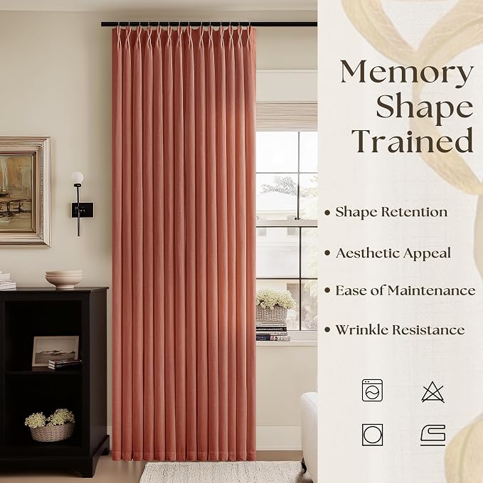 Terracotta 90 Inch Linen Curtains Pinch Pleated for Living Room Bedroom Dining Boho Light Filtering Pinch Pleat Drapes Hooks Rings Back Tab Semi Sheer Autumn Fall Rust Orange Window Curtains 2 Panels
