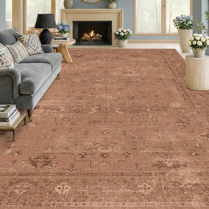 TALANOVA Terracotta 9x12 Washable Area Rugs for Large Living Room, Non-Slip Low Pile Rust Vintage Distressed Geometric Rug, Southwestern Boho Decor for Bedroom & Dining Room