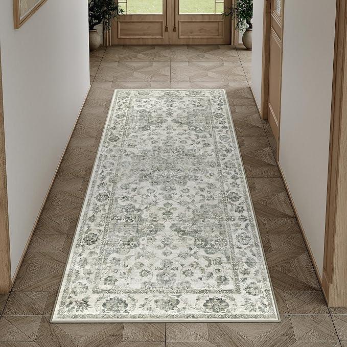 2x5 Washable Neutral Runner Rug Green Vintage Hallway Kitchen Carpet Non-Slip Soft Low Pile Farmhouse Throw Rug for Bedroom Bathroom Laundry Living Room