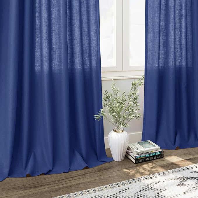 Classic Blue Linen Curtains 84 Inch Length 2 Panels Set for Living Room Rod Pocket Back Tab Light Filtering Window Drapes for Bedroom Dining Room Protect Privacy Modern Farmhouse Decor 52x84