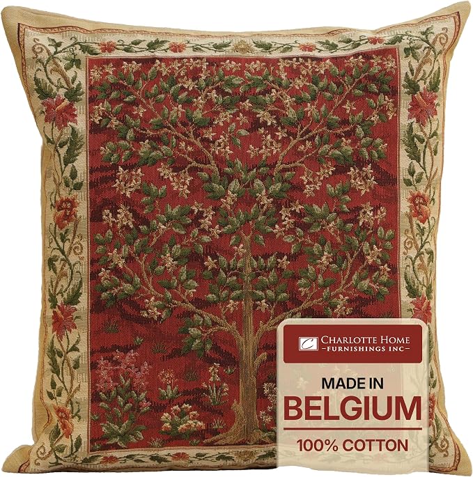 Charlotte Home Furnishings Inc Tapestry Red Tree of Life Throw Pillow Covers 18x18, European 100% Cotton Jacquard Woven Fabric, Boho & Vintage Inspired Decorative Cushion for Living Room and Sofa