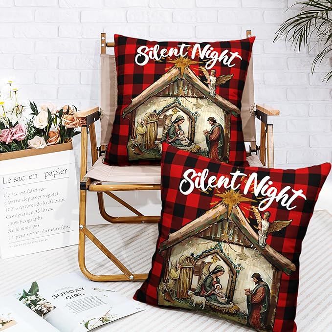 Xmas O Holy Night Silent Night Throw Pillow Covers Jesus Nativity Pillow Case Red Buffalo Plaid Christmas Pillow Covers 20x20 Set of 2 for Living Room Couch Bedroom