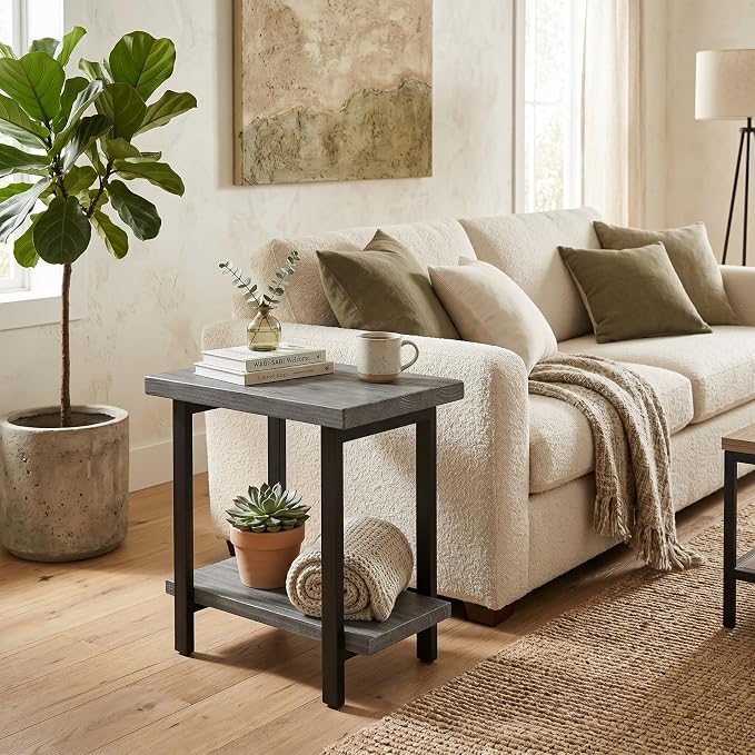 Alaterre Furniture Pomona Solid Wood 2-Tier End Table, Slate Grey, 27” | Side Table or Nightstand with Storage Shelf and Metal Legs, Industrial Farmhouse Chair Side Table for Living Room or Bedroom