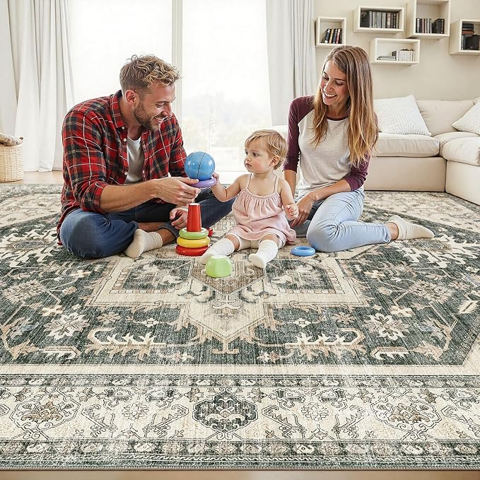 8x10 Area Rugs for Living Room - Large Carpet Ultra Thin Soft Washable Oriental Vintage Floral Distressed Rug Big Indoor Carpets for Bedroom Nursery Dorm Home Decor Aesthetic - Vintage Green