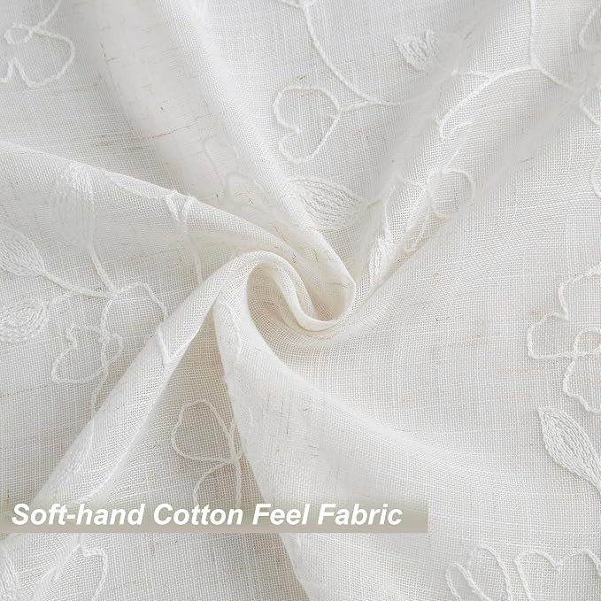Vision Home Natural Linen Floral Pinch Pleated Sheer Curtains Embroidered Leaf Patterned Rustic Light Filtering Window Treatment for Living Room Bedroom Pleat Drapes with Back Tab Hooks 40" Wx102 Lx2