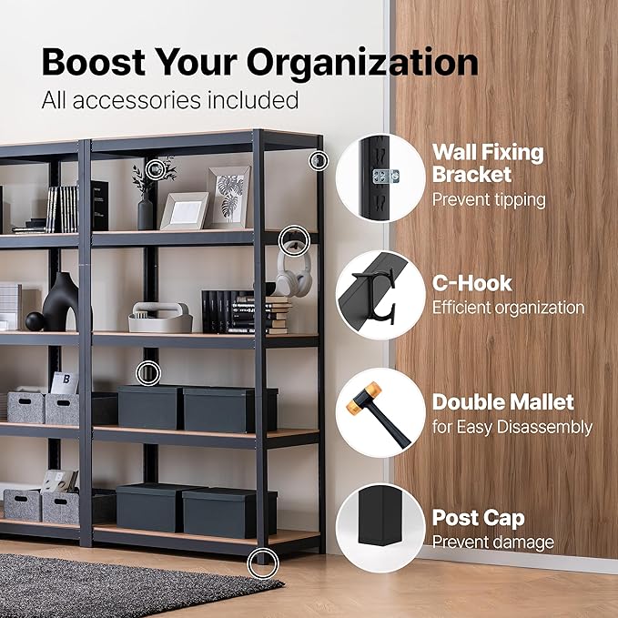 HOMEDANT House 24.4" W 5 Tier Heavy Duty Garage Shelving Adjustable Metal Rack Storage Shelves Standing Shelf Unit Organizers Pantry Closet Office Black 2Pack