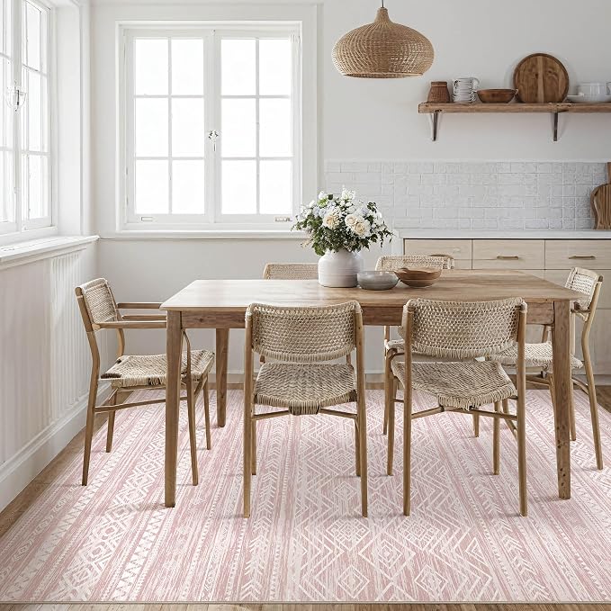 Tortania Area Rug Living Room Rugs- 10x14 Washable Large Soft Neutral Boho Moroccan Bohemian Farmhouse Rug Indoor Floor Carpet for Bedroom Under Dining Table Home Office Decor - Pink