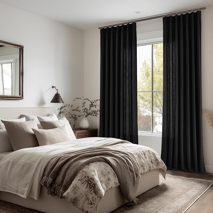 Black Pinch Pleated Semi Sheer Linen Curtains 90 Inch Long for Living Room | Light Filtering Privacy, Bedroom Dorm Dining Room, Flax Textured, Hook Rings Memory Shape Pinch Pleat, Elegant Luxury, Drapes
