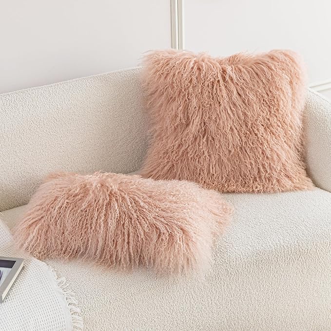 MOOX Mongolian Lamb Fur Pillow Covers Lumbar Throw Sheepskin Pillow Case Genuine Wool Fur Tibetan Accent Living Room Bedroom Decorative Cushion Cover (18 * 18inch Pink)