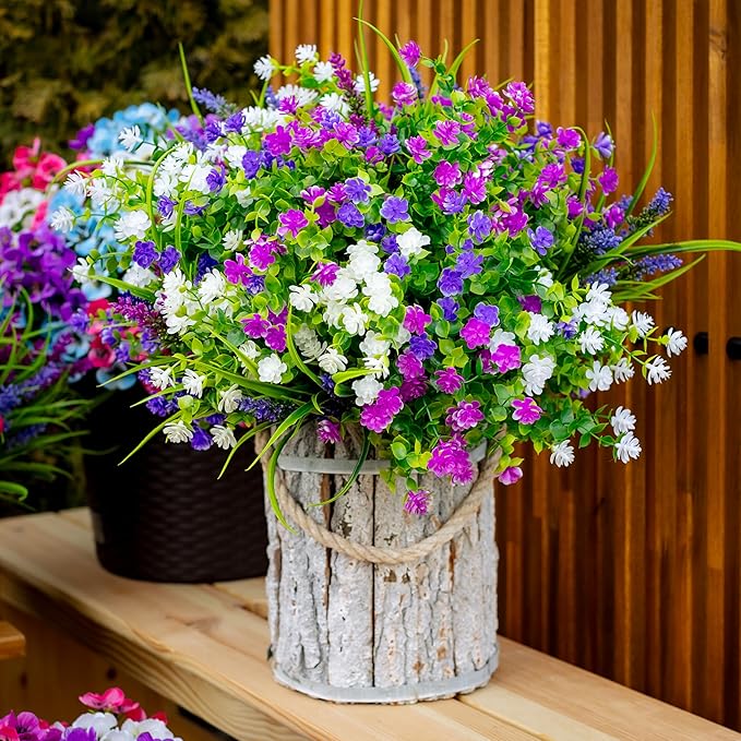 AXYLEX Artificial Flowers for Outdoors Fake Plants - 12 Bundles Faux Outside Greenery Boxwood No Fade Plastic Shrubs Home Decor Farmhouse Garden (Mixed, 3 Colors Magenta Purple White)