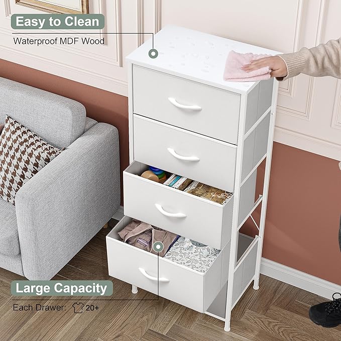 Crestlive Products Tall Dresser Vertical Storage Tower - Sturdy Steel Frame, Wood Top, Easy Pull Fabric Bins - Organizer Unit for Bedroom, Hallway, Entryway, Closets - 5 Drawers(White)