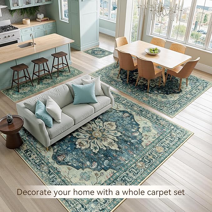 RELEANY Area Rugs 2'x6' Runner Rug Non Slip Washable for Kitchen Hallway Bedroom Beside Laundry Room Bathroom Rug, Floor Carpet, Dark Blue Vintage