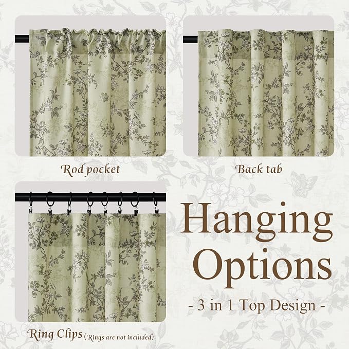 StangH Cottagecore Floral Curtains for Bedroom, Linen Curtains Natural Fabric Vintage Butterfly Print Light Filtering Privacy Drapes for Living Room, Sage Green, W52 x L90, 2 Panels