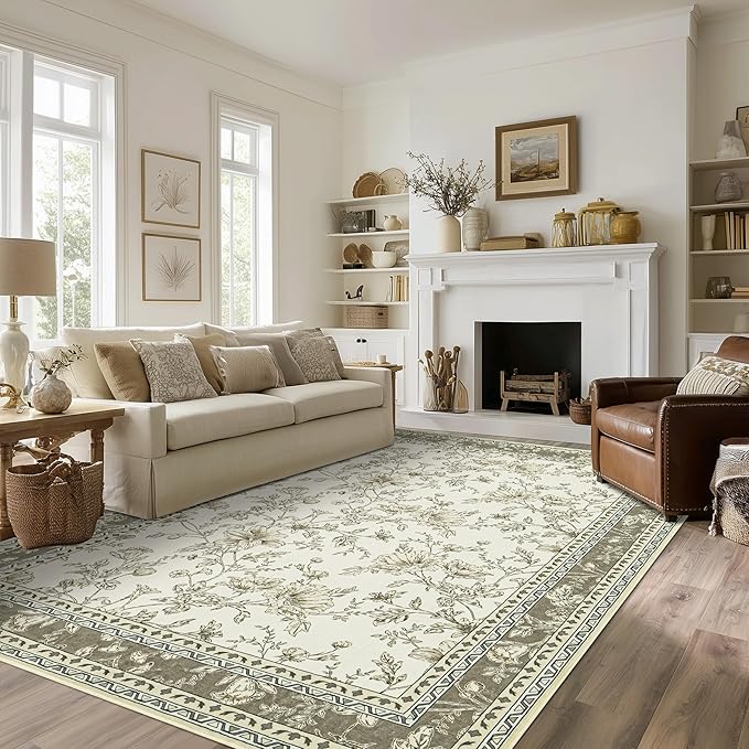 Neutral Beige Floral Area Rugs 6x9 Living Room, Taupe with Beige Tan Flower Design Low-Pile Washable Rugs for Bedroom Dining Room, Vintage Modern Farmhouse Boho Indoor Floor Carpet Kids Playroom