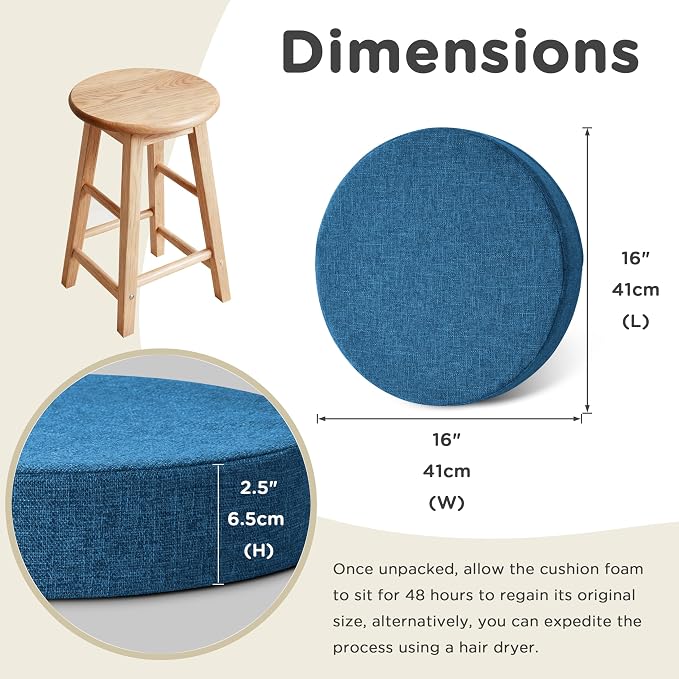 AddGrace 2.5" Thick Non Slip Round Chair Pad Set of 2, 16", Blue | Machine-Washable Cover, Non-Slip, for Kitchen, Dining Room, Office, Floor, Bistro Cafe, for 16" Ottoman, 16" Round Stool