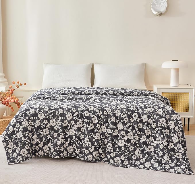 MEJU Vintage Black White Floral Modern Farmhouse Flower Muslin All Season Blanket for Bed Sofa Couch, 100% Combed Cotton 3 Layer Soft Warm Throw Blanket Bed Cover Sheet Twin 60 in x 80 in