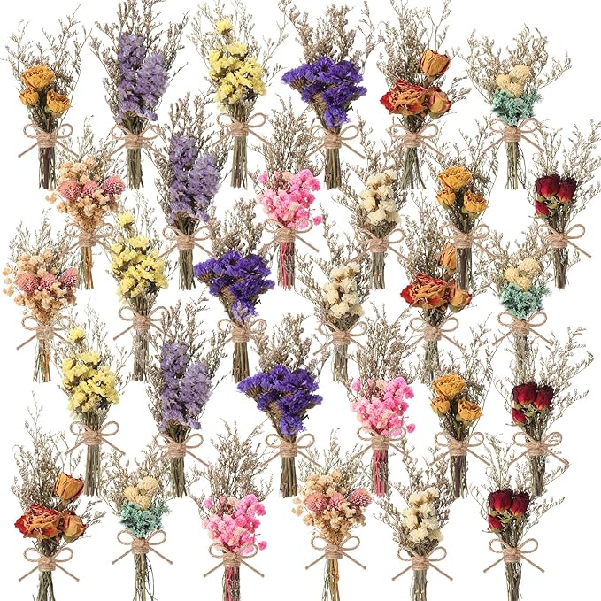 Riceshoot 30 Pcs Dried Flower Bouquets Mini Dried Flowers Bulk with Stem Natural Real Flower Bundles Forget Me Not Boho Floral Arrangement for Crafts Vase Dly Wedding Decor Bridesmaid Gift, 10 Styles