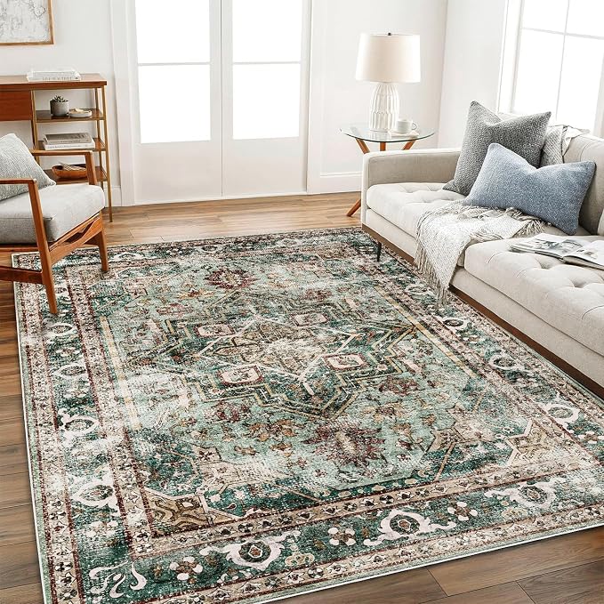 CHAMPLANT Green Area Rug 10'x14' Washable Vintage Traditional Mat Distressed Indoor Foldable Thin Retro Accent Floral Print Rug Non Slip Carpet for Living Room Dining Room Office