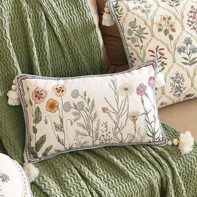 ISAENNE Designer Linen Throw Pillow Cover,Set of 2,20"x12"-Serenity D | French Elegant Rectangle Decor Pillow Cover,Concealed Zipper Design,Light Beige,Sofa,Bedroom,Living Room,Chairs