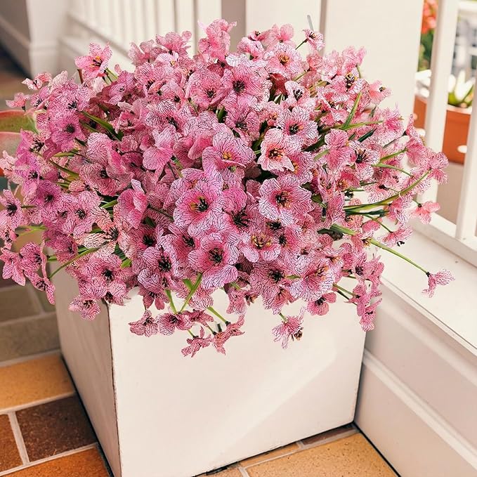 Geegoods Artificial Mums Flowers for Outdoors, 16 Bundles UV Resistant Fake Plastic Pink Flowers for Patio Porch Spring Summer Decor