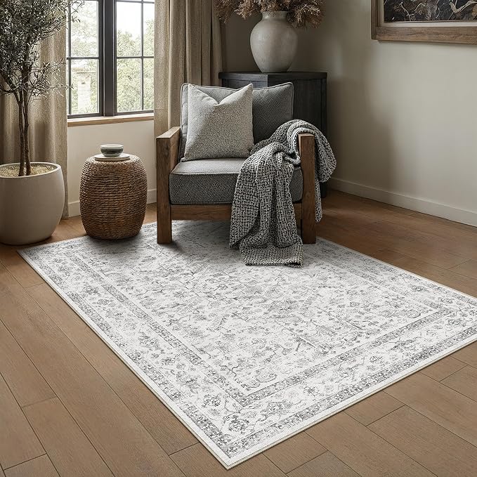 PureCozy Grey 3x5 Entryway Rug Vintage Area Carpet Indoor Kitchen Washable Door Mat Entrance Small Low Pile Traditional Distressed Retro Accent Throw Rug Non Slip Office Bathroom
