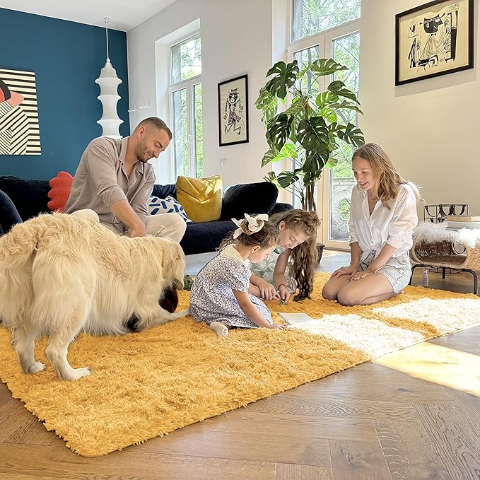 OLANLY 5x8 Machine Washable Large Area Rugs for Living Room, Bedroom, Soft Fluffy Shaggy Bedside Rug, Indoor Floor Carpet for Kids Girls and Boys, Dorms, Nursery, Home Decor Aesthetic, Mustard Yellow