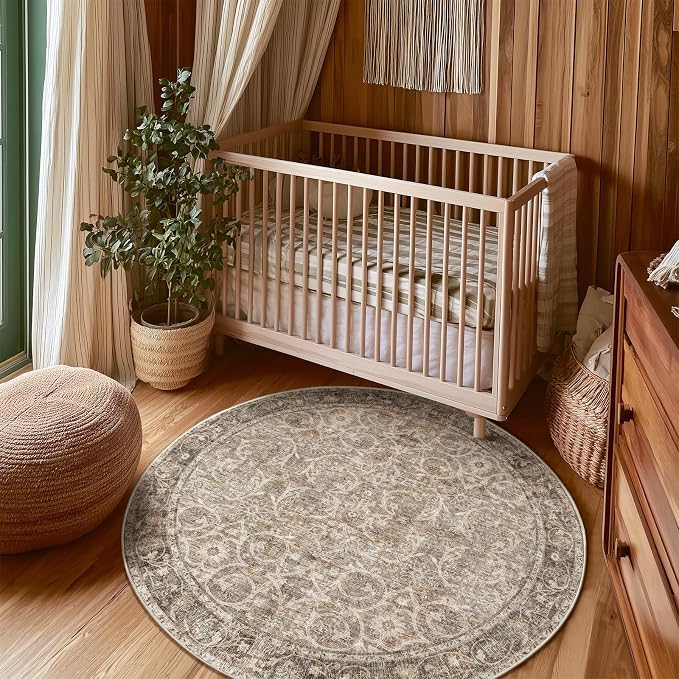 Machine Washable Rugs for Living Room: 4x4 Area Rugs for Bedroom Ultra Soft Non-Slip Low Pile Vintage Boho Large Carpet for High-Traffic Dining Room - Farmhouse Decor