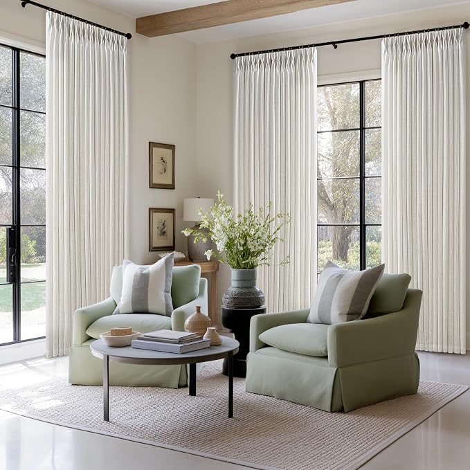 Cream Linen Curtains 84 Inches Long Pinch Pleated for Living Room Bedroom Pinch Pleat Drapes Rings Hooks Back Tab Light Filtering Boho Farmhouse Semi Sheer 84 Inch Curtain for Dining Room W50xL84