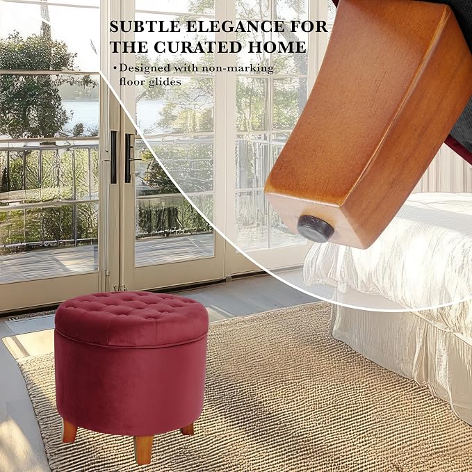Homepop Home Decor | Upholstered Round Velvet Tufted Foot Rest Ottoman | Ottoman with Storage for Living Room & Bedroom | Decorative Home Furniture, Burgundy Small