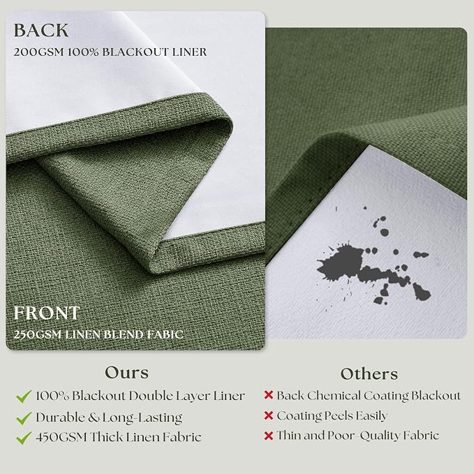 Thick Linen Olive Green Blackout Curtains 90 Inches Long for Living Room Bedroom 100% Black Out Pinch Pleated Drapes Double Layer Room Darkening Light Blocking Thermal Insulated 90 Inch Curtain Loden
