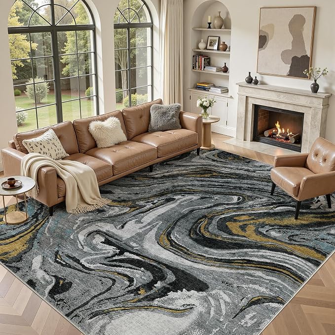 DMOYEST 9x12 Area Rug for Living Room - Washable Neutral Modern Abstract Rugs Soft Non-Slip Carpet Low Pile Indoor Floor Mat for Bedroom & Dining Room Decor for Families with Kids and Pet-Black Golden