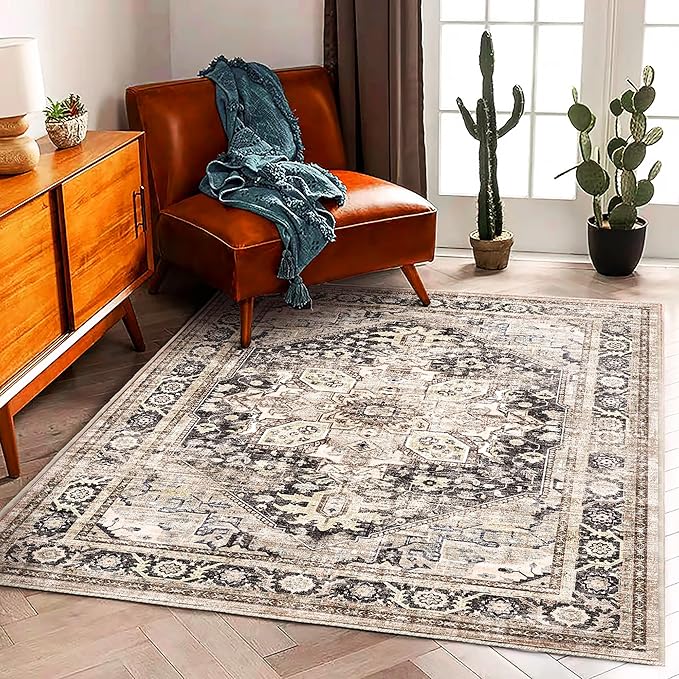 CHAMPLANT Area Rug 6'x9' Black-Purple Khaki Washable Vintage Traditional Floor Cover Thin Retro Kitchen Indoor Distressed Non Slip Carpet for Living Room Bedroom Dining Room
