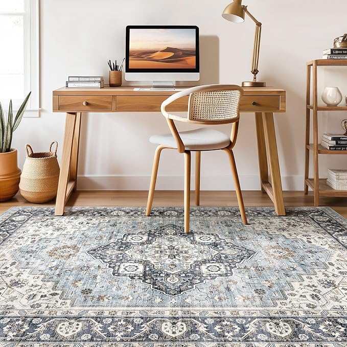 9x12 Area Rug Living Room: Washable Boho Large Neutral Vintage Soft Rugs Stain Resistant Farmhouse Non-Slip Indoor Floor Carpet for Bedroom Nursery Kids Playroom Office Dining Room House- Blue Tan