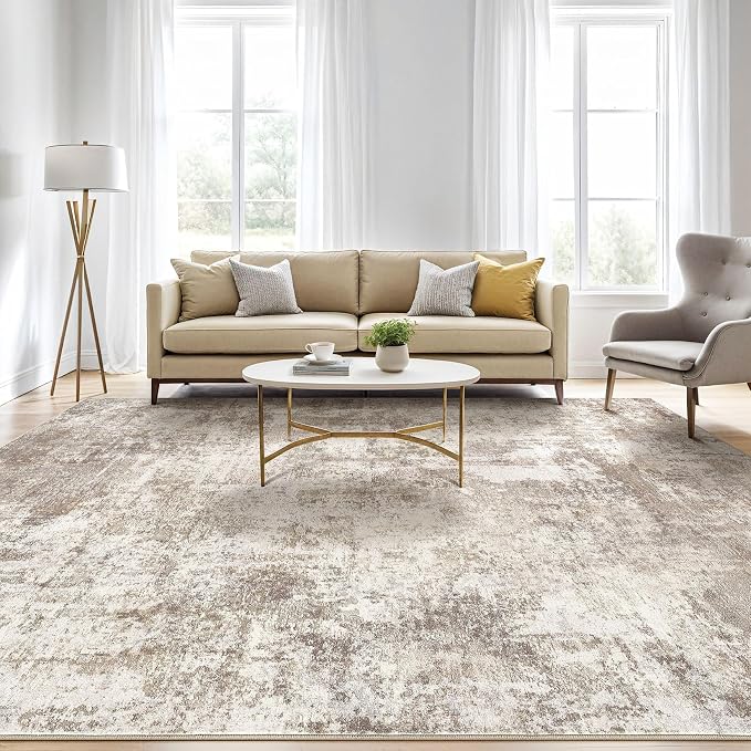 12x18 Area Rugs Living Room: Washable Large Abstract Soft Rug Stain Resistant Indoor Floor Non-Slip Accent Carpet for Women Modern Home Enthusiasts Aged 25-45 - Bedroom Nursery Playroom- Beige Brown