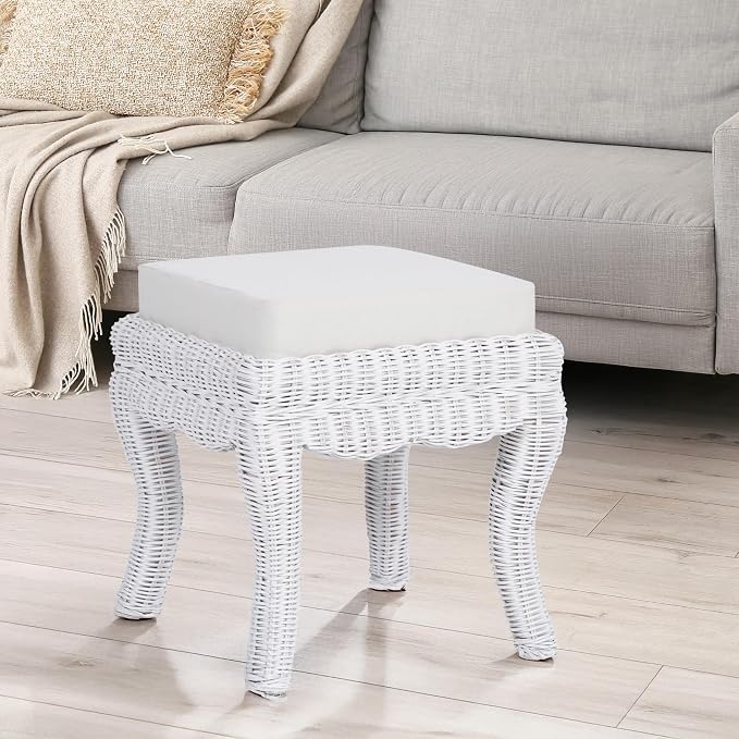 JONATHAN Y Rowan Woven Rattan Vanity Stool with White Cushion, 18.5" Coastal Backless Makeup Chair for Bedroom & Bathroom, White Distressed Mango Wood Wicker Ottoman Footrest VSL1000D