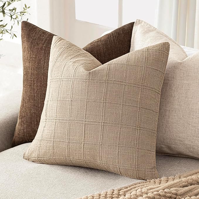 Foindtower Set of 2 Decorative Linen Check Throw Pillow Covers Neutral Farmhouse Vintage Cushion Covers Modern Coastal Boho Home Decor for Sofa Chair Couch Bedroom Living Room,20×20 Inch,Camel