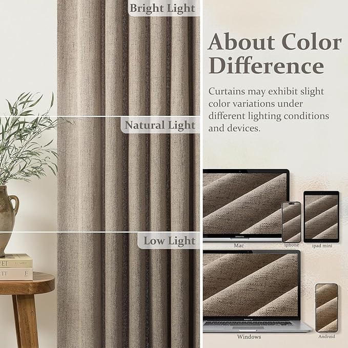 Extra Long 108 Inch Natural Linen Living Room Curtains 2 Panel Sets, Dark Flax Memory Trained Pleated Light Filtering Semi Sheer Rustic Curtain for Bedroom Privacy Tall Drapes Back Tab Windows Burg