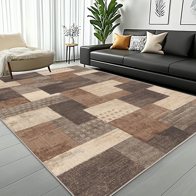 Modern Geometric Patchwork Indoor Area Rug for Living Room, Beige 10'x 14' Large Rug Rockwood Collection Hardwood Floors Decor for Bedroom, Beige Throw Carpet for Office Entryway Dining Room