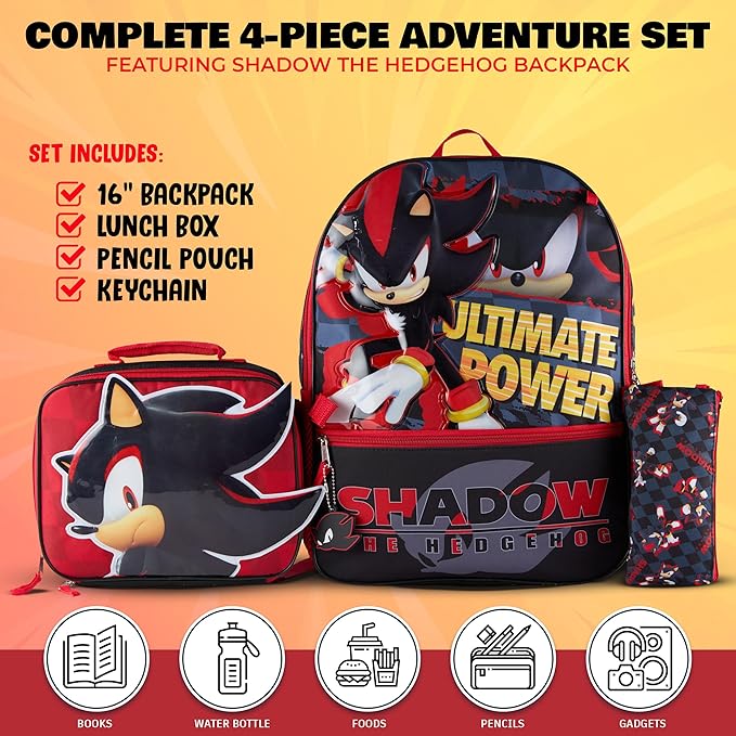 AI ACCESSORY INNOVATIONS Sonic the Hedgehog 5 PC Backpack Set for Girls & Boys, 16” Book Bag Featuring Shadow The Hedgehog, Black